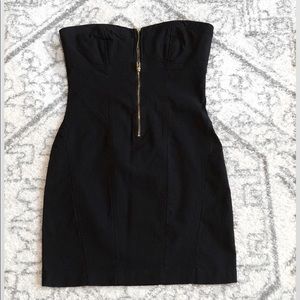 Black strapless mini dress with zipper front